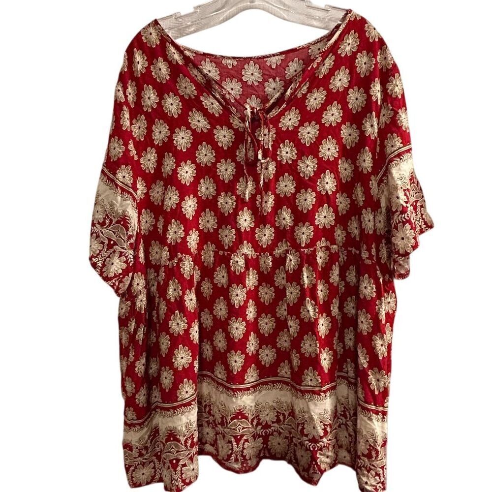 Emery Rose Women's‎ 4XL Red Floral 3/4 Sleeve Tunic Top Casual Spring